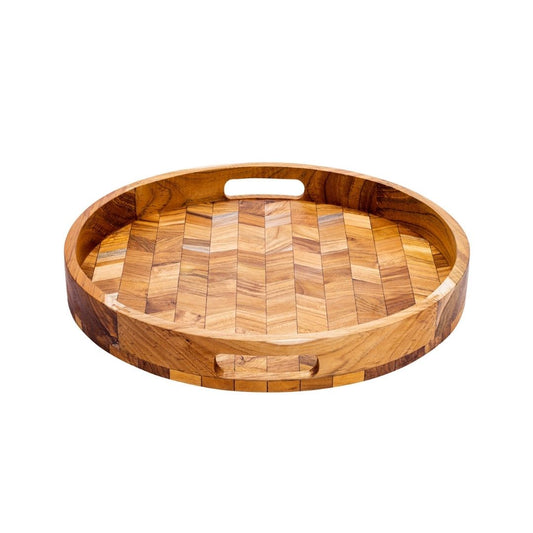 Herringbone Pattern Round Wooden Serving Tray-0